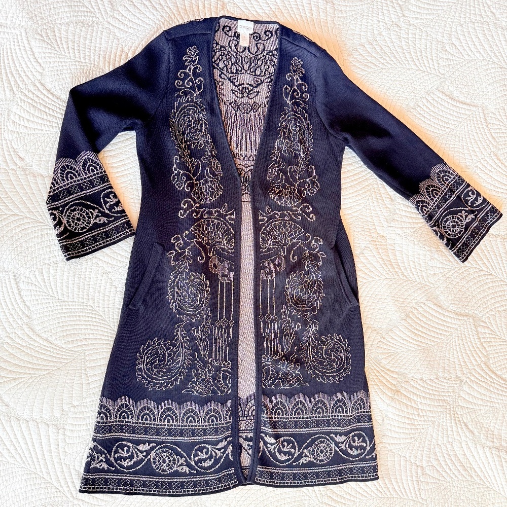 Witchy Whimsigoth Boho Gold & Black Metallic Duster Cardigan Sweater Chicos Sz M - Picture 4 of 16